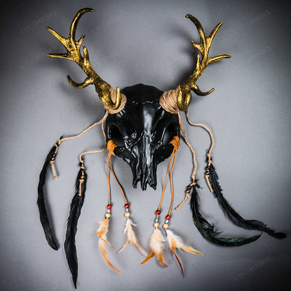 Antelope Devil Gold Deer Horn Skull Ghost Masquerade Mask - Black